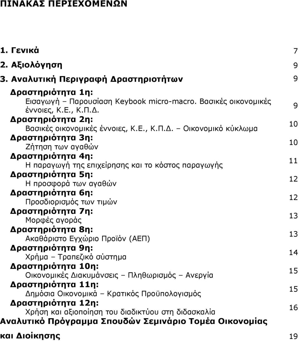 Οικονομικό κύκλωμα Δραστηριότητα 3η: Ζήτηση των αγαθών Δραστηριότητα 4η: Η παραγωγή της επιχείρησης και το κόστος παραγωγής Δραστηριότητα 5η: Η προσφορά των αγαθών Δραστηριότητα 6η: Προσδιορισμός των