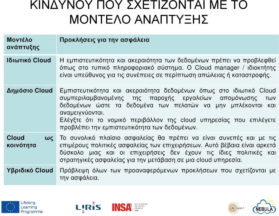 ηµόσιο Cloud Εµπιστευτικότητα και ακεραιότητα δεδοµένων όπως στο ιδιωτικό Cloud συµπεριλαµβανοµένης της παροχής εργαλείων αποµόνωσης των δεδοµένων ώστε τα δεδοµένα των πελατών να µην µπλέκονται και