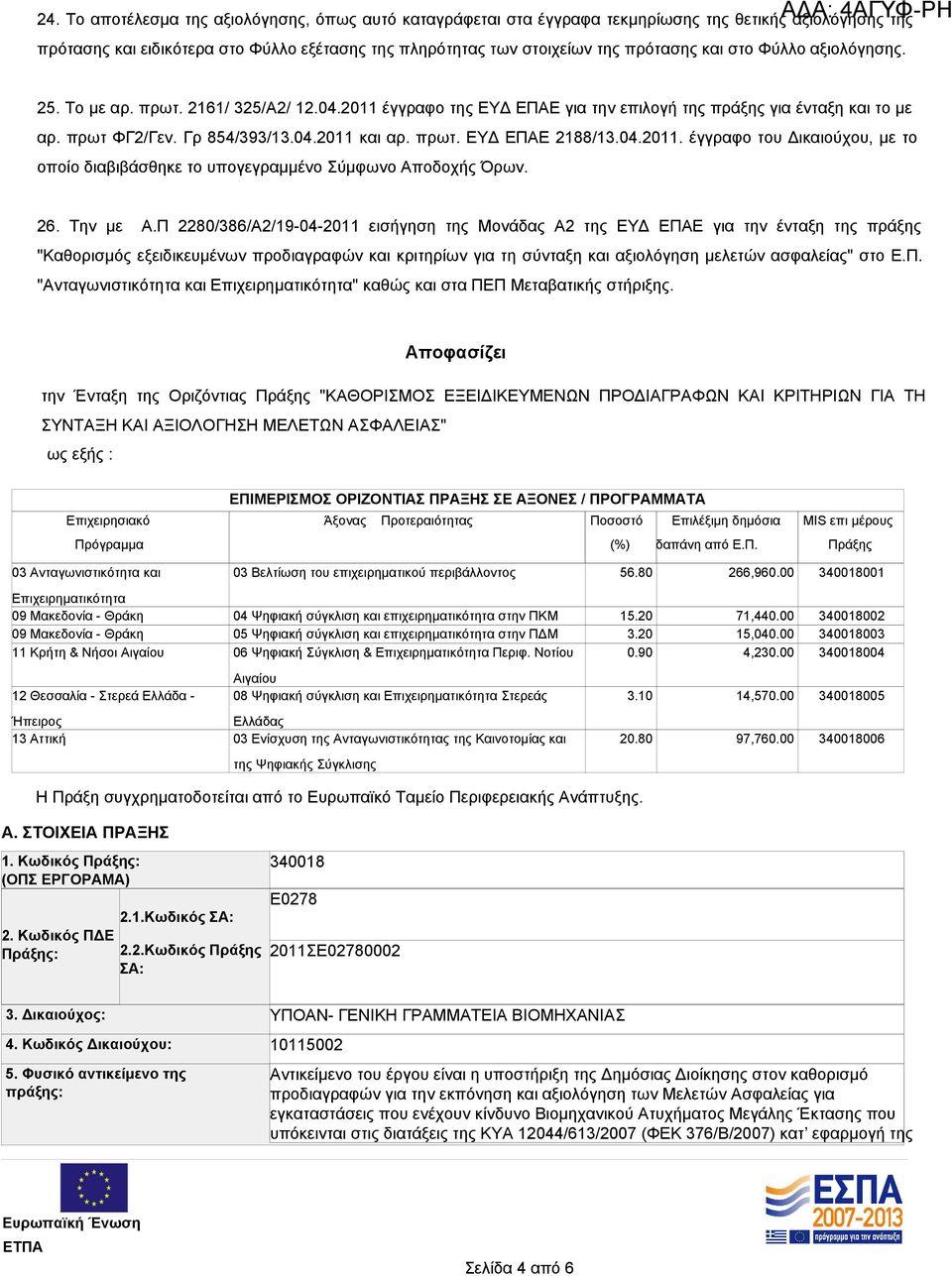 Φύλλο αξιολόγησης. 25. Το με αρ. πρωτ. 2161/ 325/A2/ 12.04.2011 έγγραφο της ΕΥΔ ΕΠΑΕ για την επιλογή της πράξης για ένταξη και το με αρ. πρωτ ΦΓ2/Γεν. Γρ 854/393/13.04.2011 και αρ. πρωτ. ΕΥΔ ΕΠΑΕ 2188/13.