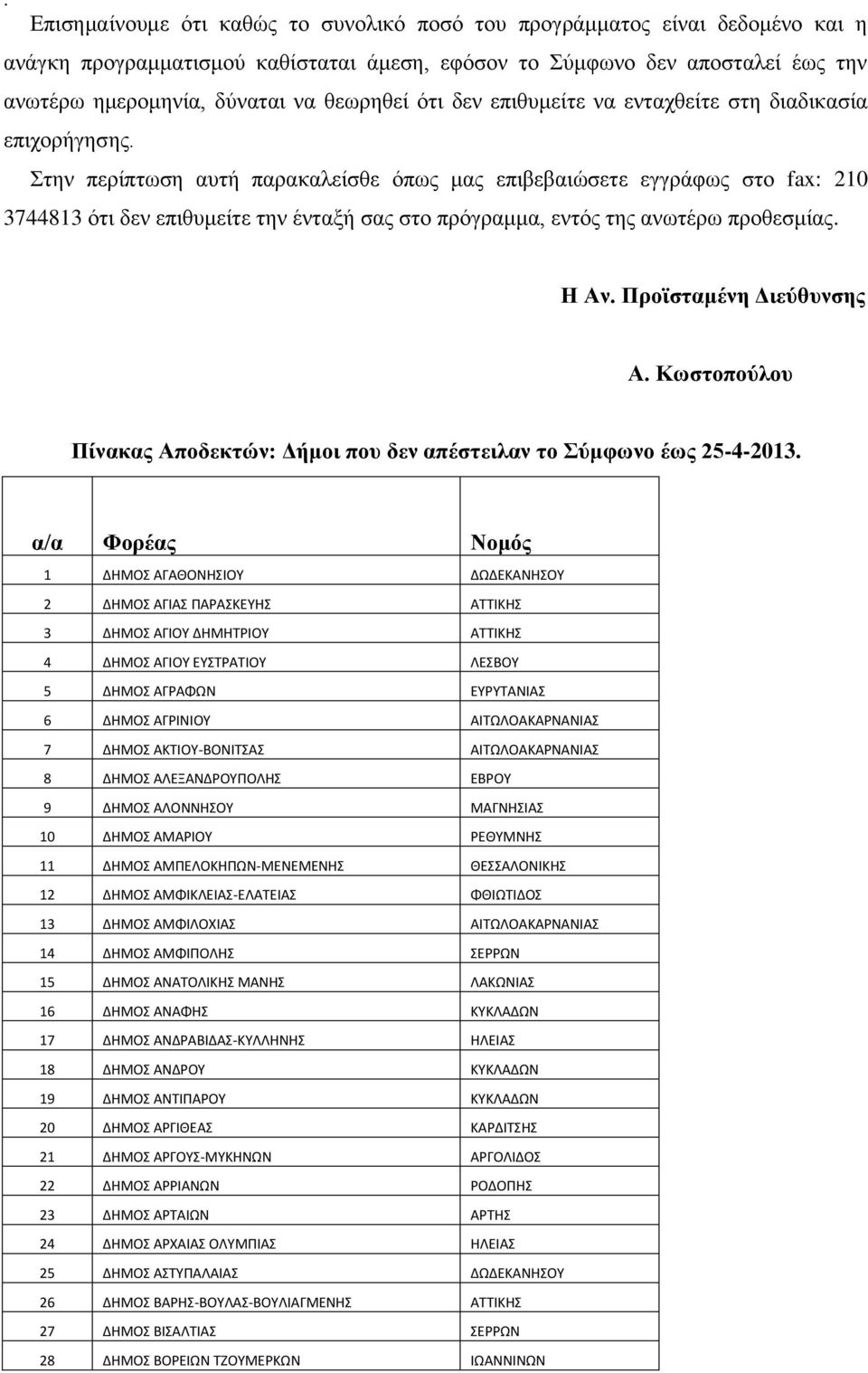 Στην περίπτωση αυτή παρακαλείσθε όπως μας επιβεβαιώσετε εγγράφως στο fax: 210 3744813 ότι δεν επιθυμείτε την ένταξή σας στο πρόγραμμα, εντός της ανωτέρω προθεσμίας. Η Αν. Προϊσταμένη Διεύθυνσης Α.