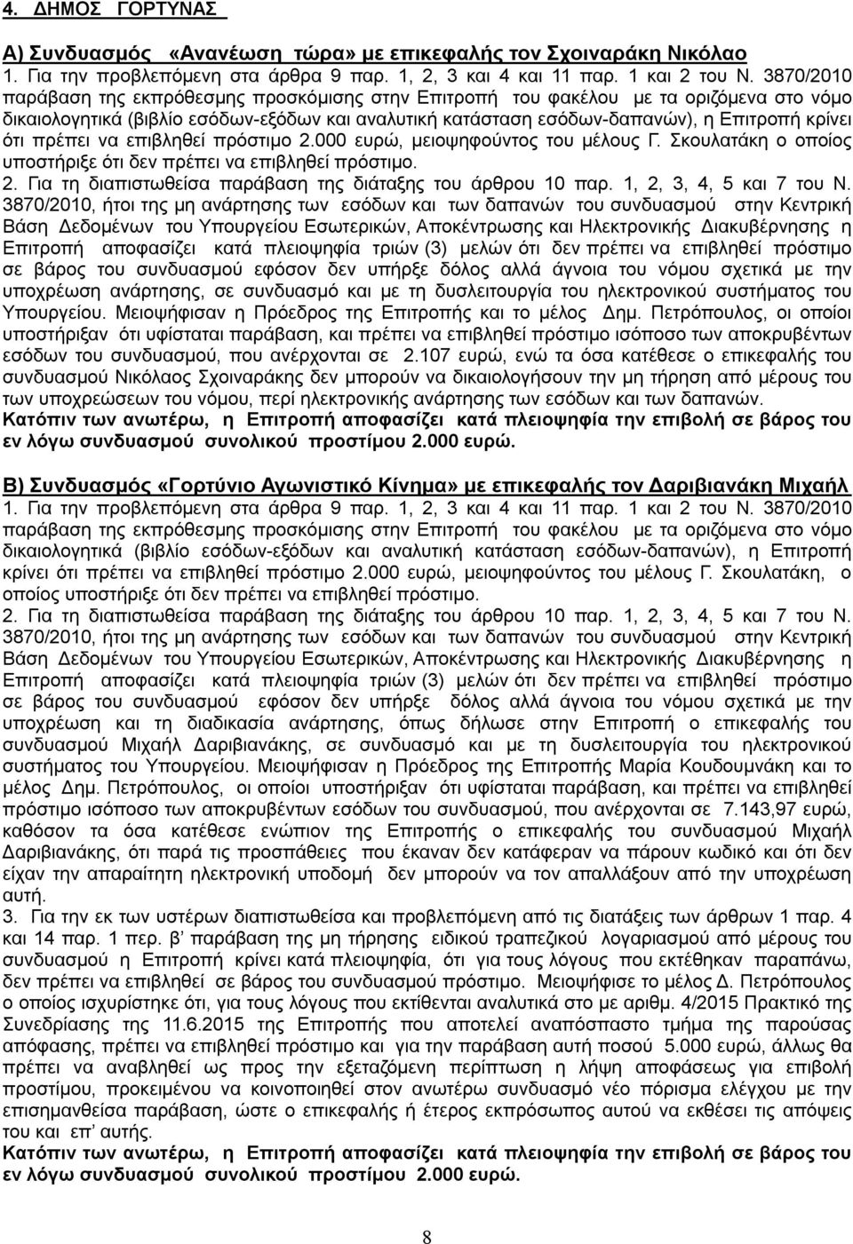 Σκουλατάκη ο οποίος υποστήριξε ότι δεν πρέπει να επιβληθεί πρόστιμο. 2. Για τη διαπιστωθείσα παράβαση της διάταξης του άρθρου 10 παρ. 1, 2, 3, 4, 5 και 7 του Ν.