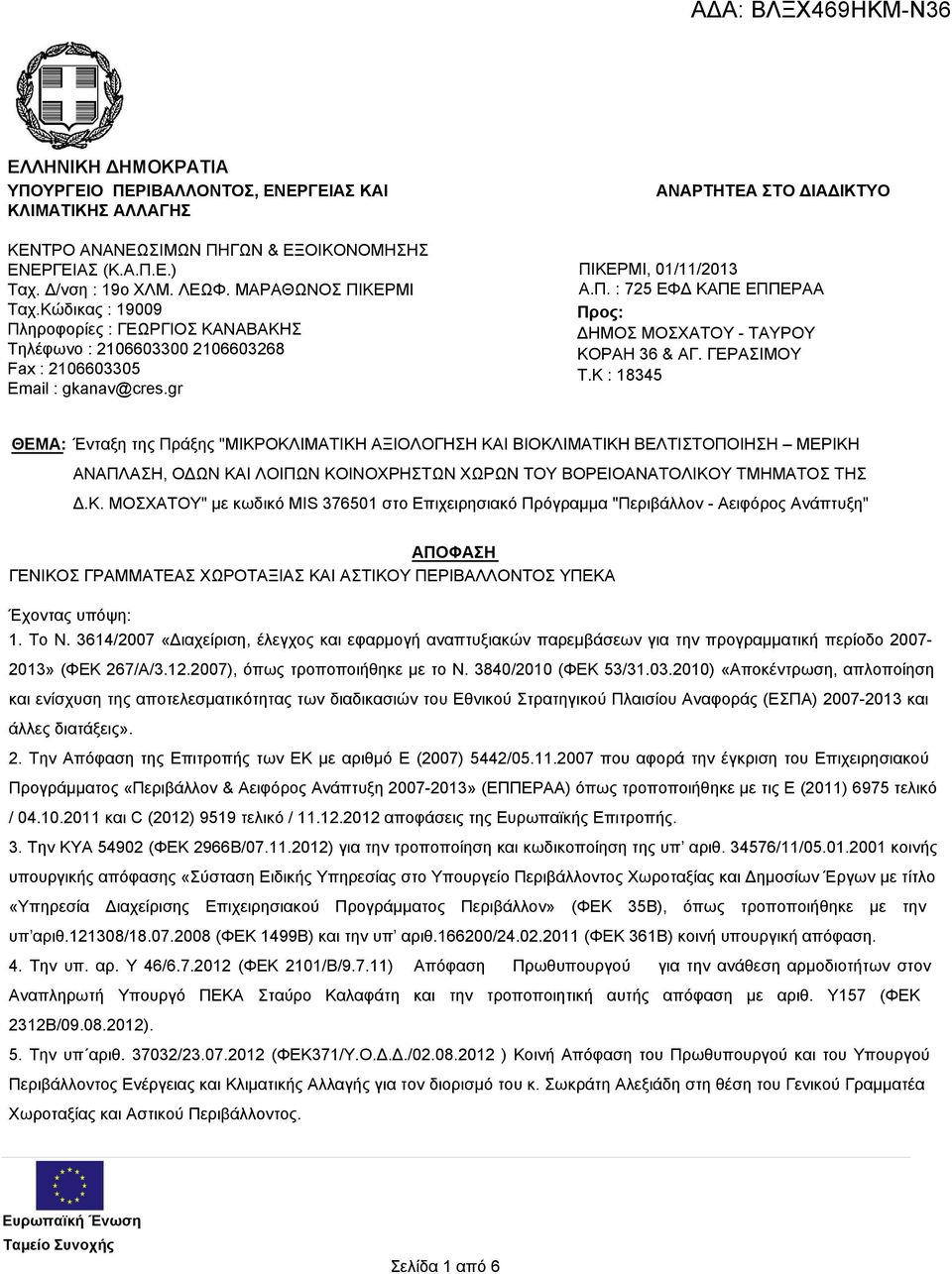 ΓΕΡΑΣΙΜΟΥ T.K : 18345 ΘΕΜΑ: Ένταξη της Πράξης "ΜΙΚΡ