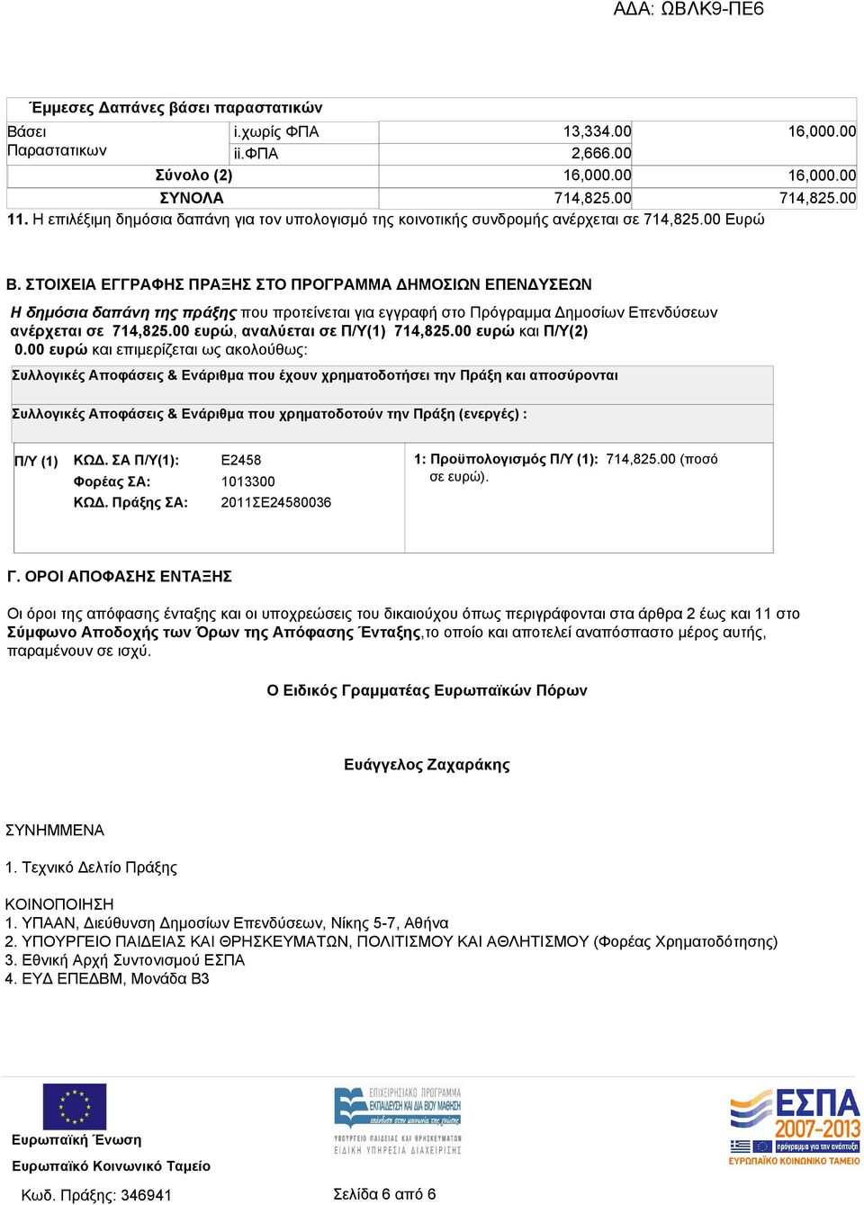 ΣΤΟΙΧΕΙΑ ΕΓΓΡΑΦΗΣ ΠΡΑΞΗΣ ΣΤΟ ΠΡΟΓΡΑΜΜΑ ΔΗΜΟΣΙΩΝ ΕΠΕΝΔΥΣΕΩΝ Η δημόσια δαπάνη της πράξης που προτείνεται για εγγραφή στο Πρόγραμμα Δημοσίων Επενδύσεων ανέρχεται σε 714,825.