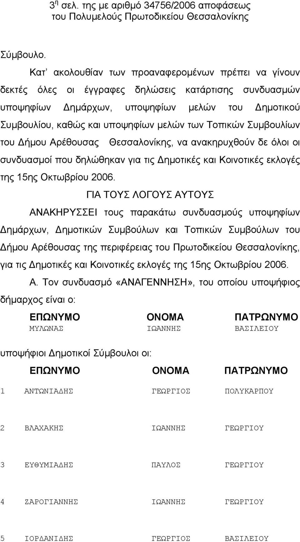 Τοπικών Συμβουλίων του Δήμου Αρέθουσας Θεσσαλονίκης, να ανακηρυχθούν δε όλοι οι συνδυασμοί που δηλώθηκαν για τις Δημοτικές και Κοινοτικές εκλογές της 15ης Οκτωβρίου 2006.