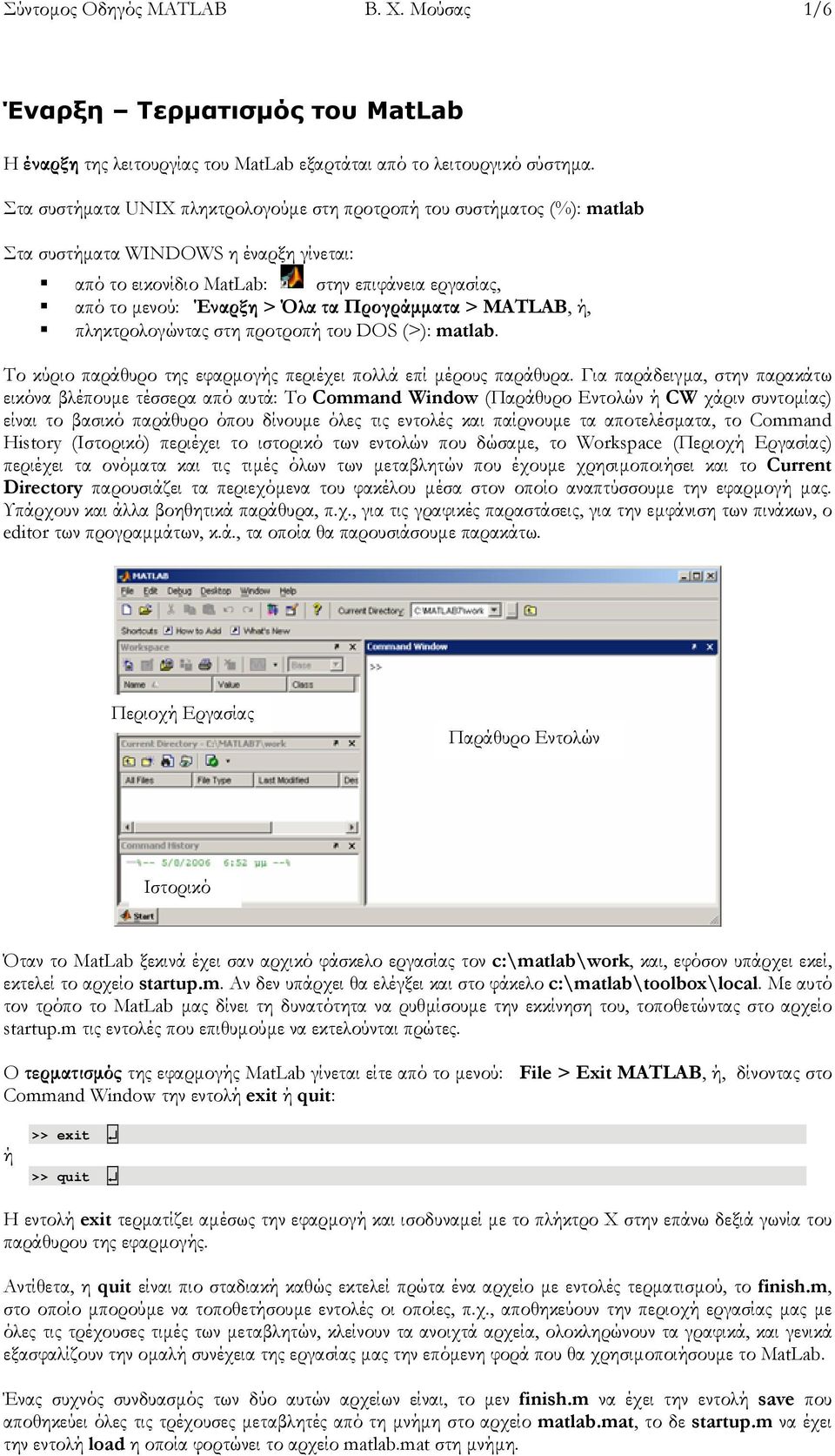 Προγράμματα > MATLAB, ή, πληκτρολογώντας στη προτροπή του DOS (>): matlab. Το κύριο παράθυρο της εφαρμογής περιέχει πολλά επί μέρους παράθυρα.