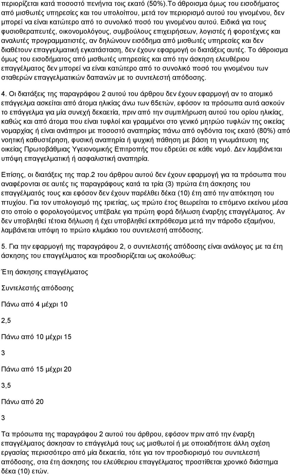 Ειδικά για τους φυσιοθεραπευτές, οικονομολόγους, συμβούλους επιχειρήσεων, λογιστές ή φοροτέχνες και αναλυτές προγραμματιστές, αν δηλώνουν εισόδημα από μισθωτές υπηρεσίες και δεν διαθέτουν