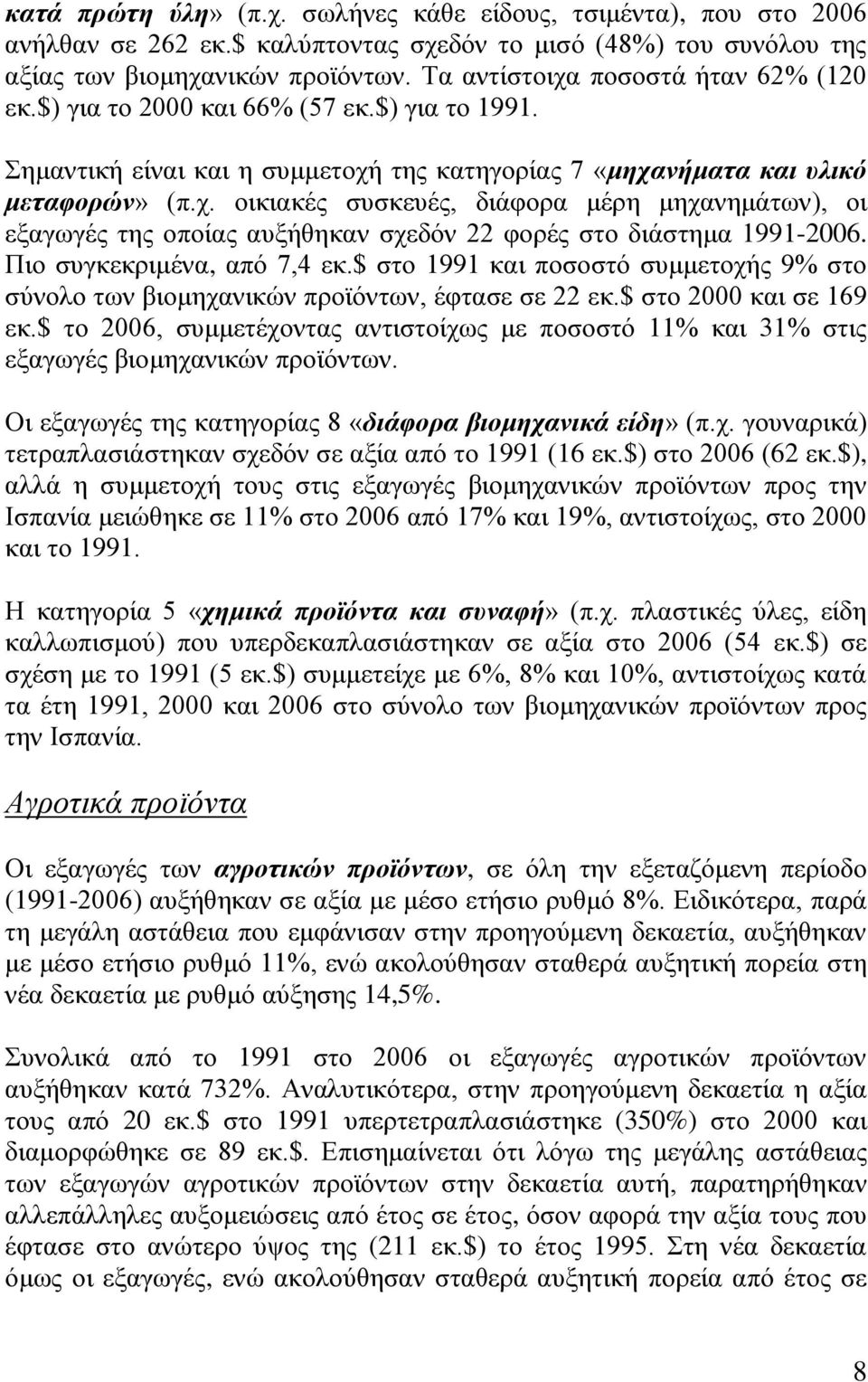 Πιο συγκεκριμένα, από 7,4 εκ.$ στο 1991 και ποσοστό συμμετοχής 9% στο σύνολο των βιομηχανικών προϊόντων, έφτασε σε 22 εκ.$ στο 2000 και σε 169 εκ.