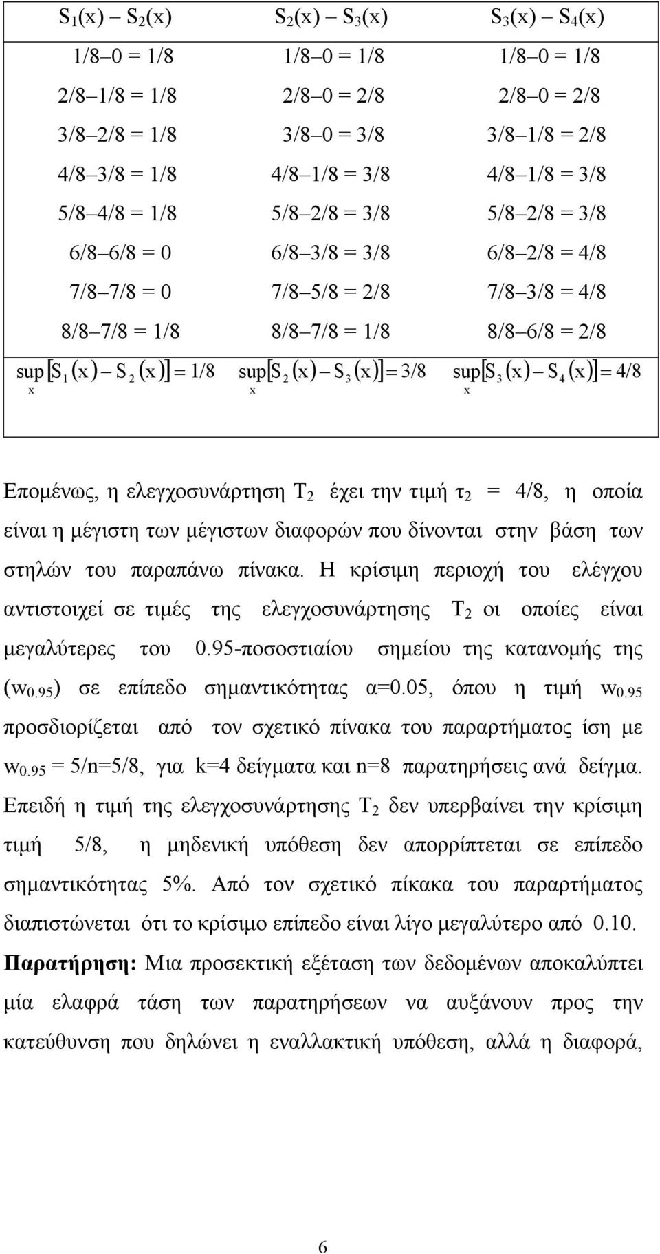 x S () x ] = 3/8 [ S () x S () x ] = 4/8 sup 1 2 x sup 2 3 x sup 3 4 x Επομένως, η ελεγχοσυνάρτηση Τ 2 έχει την τιμή τ 2 = 4/8, η οποία είναι η μέγιστη των μέγιστων διαφορών που δίνονται στην βάση