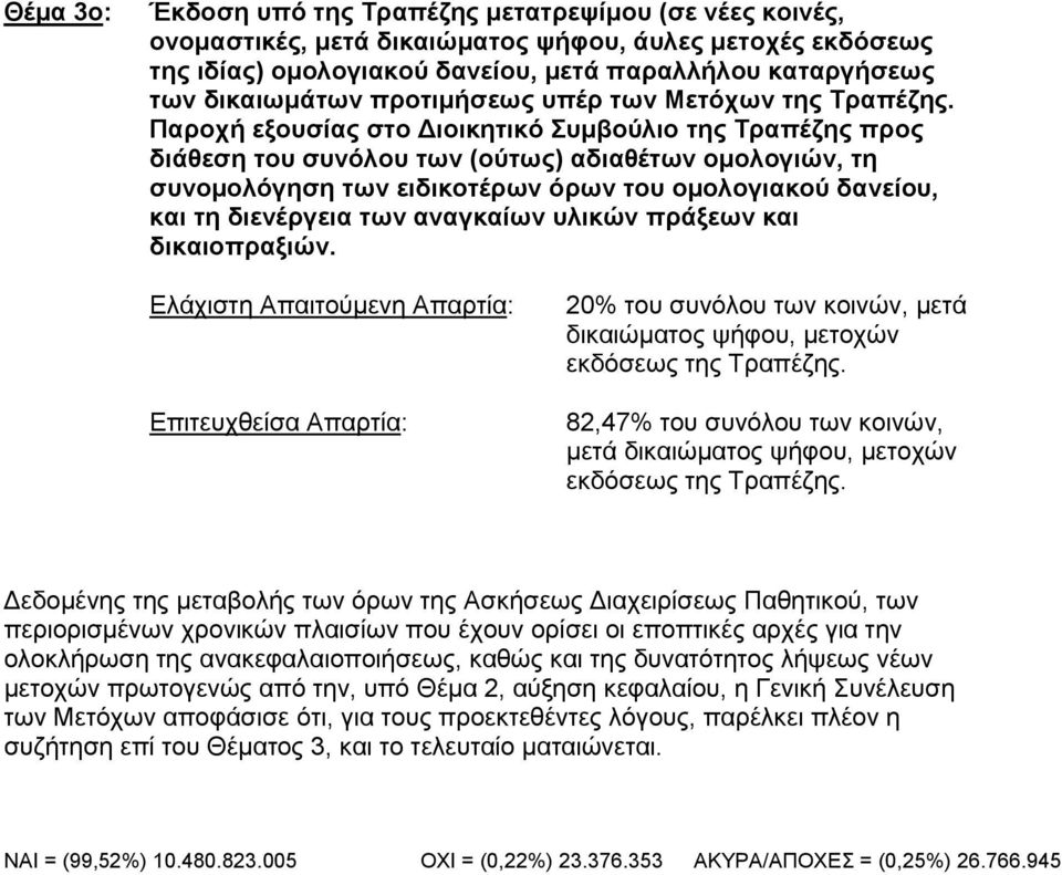 Παροχή εξουσίας στο Διοικητικό Συμβούλιο της Τραπέζης προς διάθεση του συνόλου των (ούτως) αδιαθέτων ομολογιών, τη συνομολόγηση των ειδικοτέρων όρων του ομολογιακού δανείου, και τη διενέργεια των
