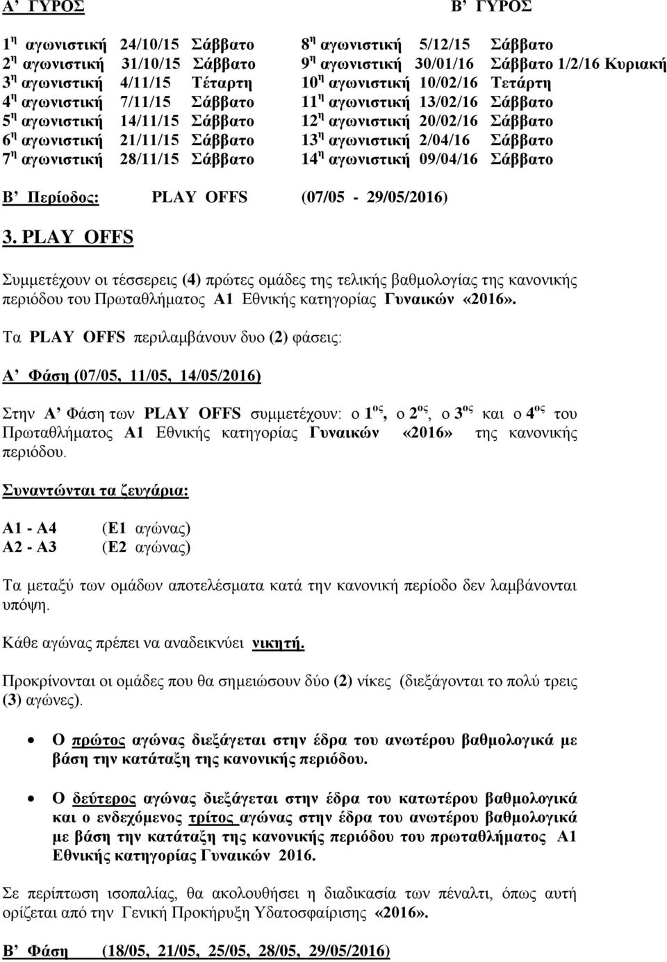 αγωνιστική 2/04/16 Σάββατο 7 η αγωνιστική 28/11/15 Σάββατο 14 η αγωνιστική 09/04/16 Σάββατο B Περίοδος: PLAY OFFS (07/05-29/05/2016) 3.