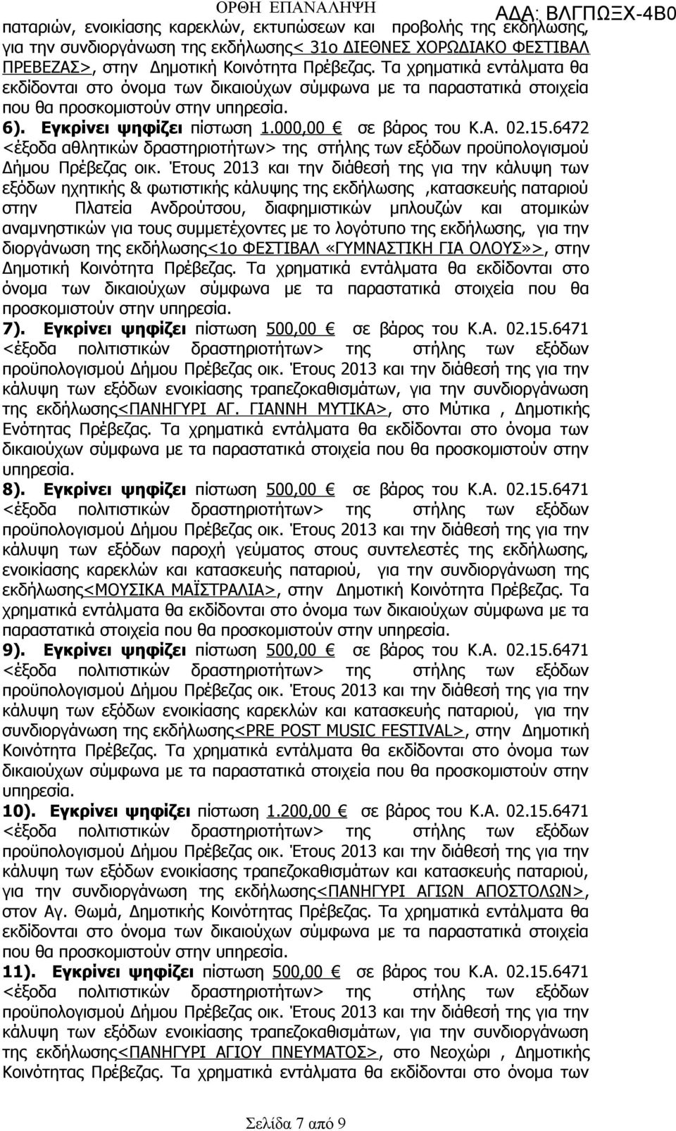 Έτους 2013 και την διάθεσή της για την κάλυψη των εξόδων ηχητικής & φωτιστικής κάλυψης της εκδήλωσης,κατασκευής παταριού στην Πλατεία Ανδρούτσου, διαφημιστικών μπλουζών και ατομικών αναμνηστικών για