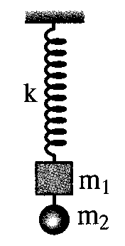 10.Στο κάτω άκρο κατακόρυφου ελατηρίου σταθεράς k = l00n/ κρέμεται σώμα μάζας 1 = 4kg. Από το σώμα κρέμεται, με τη βοήθεια νήματος, σφαίρα μάζας 2 = 1kg. Το σύστημα ισορροπεί.