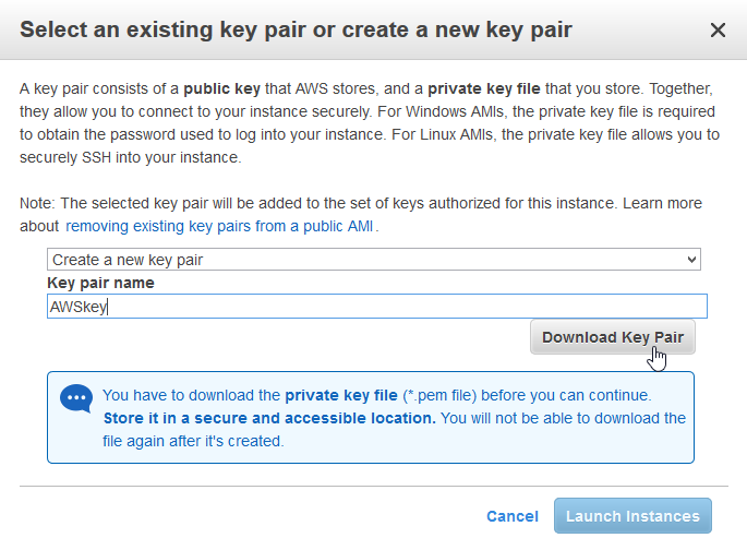 AWS Δημιουργία Public Key Μετά τη δημιουργία του instance σας, θα σας ζητηθεί ένα key pair για επικοινωνία με τον server.