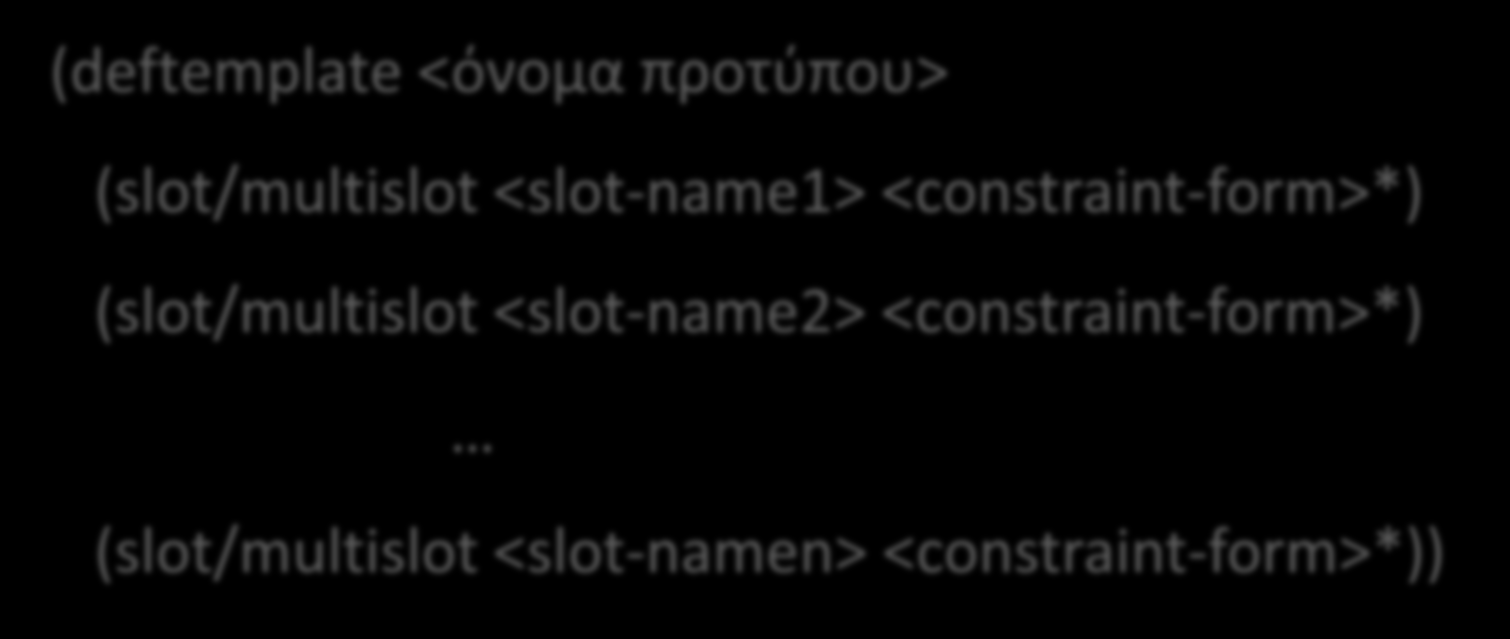 Ορισμός: Πρότυπα γεγονότων (1) (deftemplate <όνομα προτύπου> (slot/multislot <slot-name1>