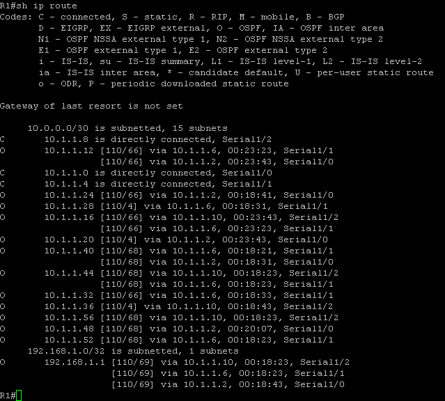 Show Routing Table of R1 Εικόνα 21 : Πίνακας δρομολόγησης R1 Ο 10.1.1.48 [110/68] via 10.1.1.2, 00:20:07, Serial 1/0 O = OSPF 10.1.1.48 [110/68] = Δίκτυο Προορισμού [Admin Distance / Cost] 10.1.1.2 = Επόμενο hop (R2) 00:20:07 = Τελευταία ενημέρωση για αυτόν τον προορισμό πριν από 20 Serial 1/0 = Interface μέσω του οποίου θα ξεκινήσει η κίνηση προς το 10.