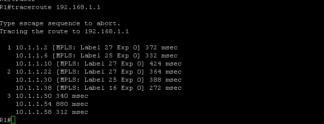 Εκτελώντας Traceroute R1 > Lo int R8 Με την εντολή traceroute ip μπορούμε να δούμε τις ετικέτες του mpls κατά την διαδρομή από τον R1 στο Lo interface του R8.