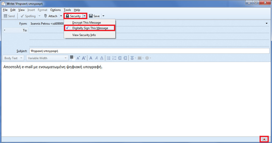 9. Για να ενσωματώσετε την ψηφιακή υπογραφή σας στα e-mail σας, στο παράθυρο σύνταξης ενός νέου e-mail, θα πρέπει από την καρτέλα Security να επιλέξετε Digitally