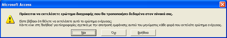 Για παράδειγμα, αν στη βάση δεδομένων που παρουσιάστηκε παραπάνω θέλετε να δημιουργήσετε ένα ερώτημα διαγραφής το οποίο να διαγράφει το φυτό με κωδικό 345 από όλες τις περιοχές στις οποίες ανθίζει,