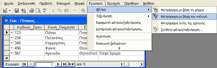 5.1 Φίλτρα Για να εμφανίσετε επιλεκτικά κάποιες εγγραφές που πληρούν κάποια κριτήρια μπορείτε να χρησιμοποιήσετε το φιλτράρισμα με βάση την επιλογή, φιλτράρισμα εκτός της επιλογής, φιλτράρισμα με