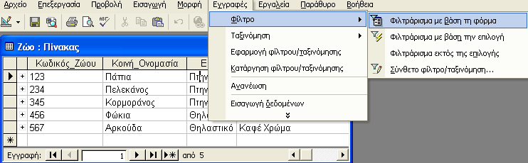 πεδίου που αποτελεί το κριτήριο και στη συνέχεια να επιλέξετε την εντολή Φιλτράρισμα εκτός της επιλογής από το μενού Εγγραφές Φίλτρο (εικόνα 5.2).
