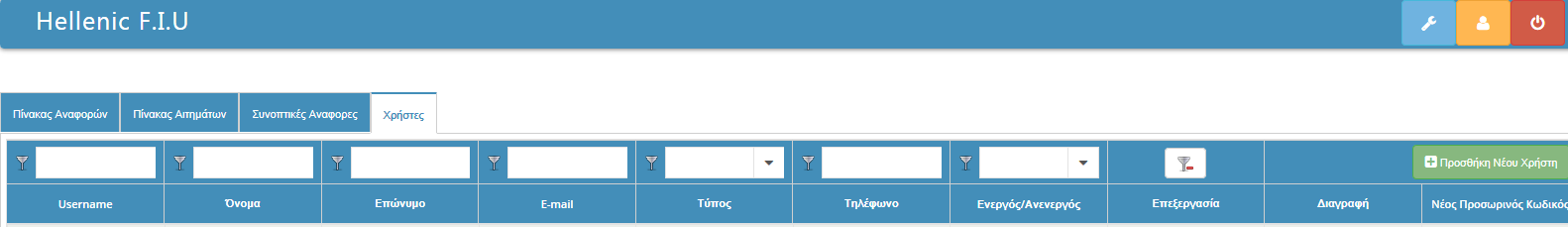 6.Πίνακας χρηστών Εικόνα 32 Ο πινάκας χρηστών περιλαμβάνει φίλτρα και ταξινόμηση (2.2 και 2.3 ).
