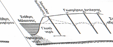 Σχήμα 4: Δημιουργία υδραυλικού φραγμού με τεχνητό εμπλουτισμό για την πρόληψη αλμύρινσης παράκτιου υδροφόρου (Καλλέργης, 2000) Το νερό εμπλουτισμού εγχέεται στις γεωτρήσεις με πίεση μεμονωμένα ή και