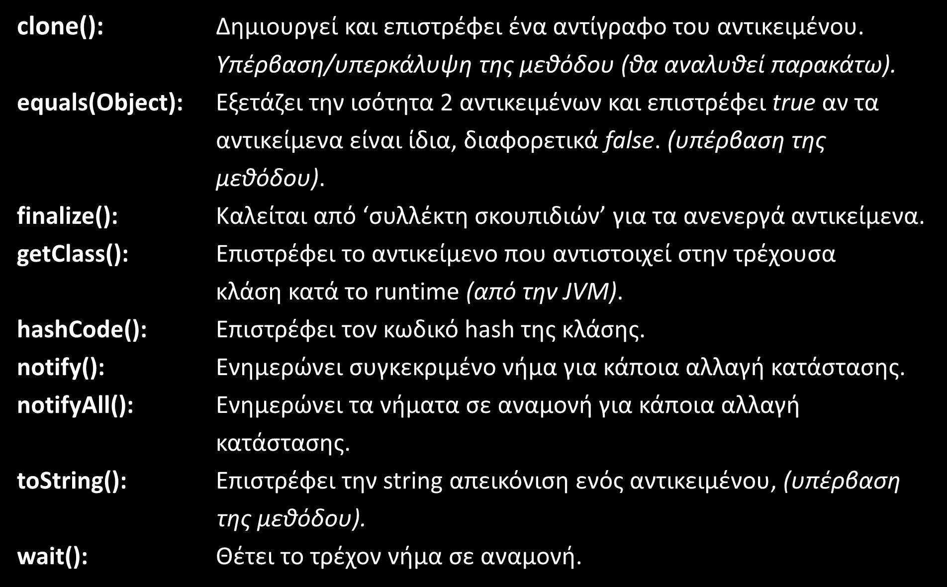 Κληρονομικότητα (Inheritance) clone(): equals(object): finalize(): getclass(): hashcode(): notify(): notifyall(): tostring(): wait(): Δημιουργεί και επιστρέφει ένα αντίγραφο του αντικειμένου.