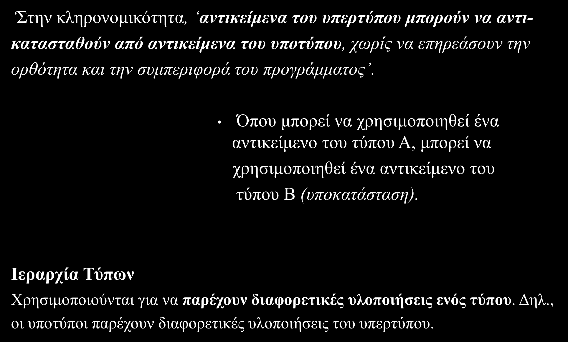Αρχή της Υποκατάστασης της Liskov Στην κληρονομικότητα, αντικείμενα του υπερτύπου μπορούν να αντικατασταθούν από