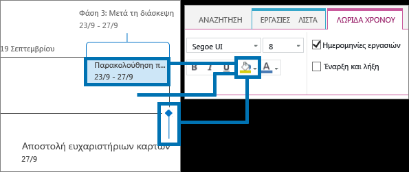 Προσθήκη εργασιών στη λωρίδα χρόνου Επιλέξτε κάθε εργασία και, στη συνέχεια, κάντε κλικ στις επιλογές Εργασίες > Προσθήκη στη λωρίδα χρόνου.