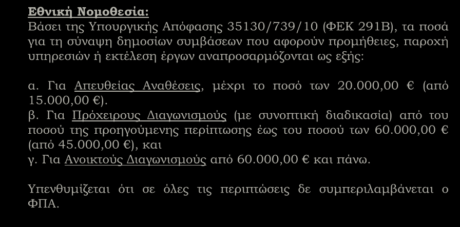 Όρια αναθέσεων βάσει της Εθνικής και Κοινοτικής Νομοθεσίας (συνέχεια) Εθνική Νομοθεσία: Βάσει της Υπουργικής Απόφασης 35130/739/10 (ΦΕΚ 291Β), τα ποσά για τη σύναψη δημοσίων συμβάσεων που αφορούν