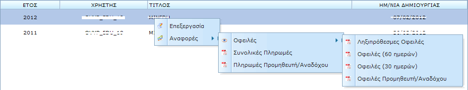 4.2. Επιλογές σε επίπεδο έτους Πατώντας δεξί κλικ πάνω σε κάποιο έτος, αναδύεται ένα μενού με δύο επιλογές, όπως φαίνεται παρακάτω. 4.2.1.