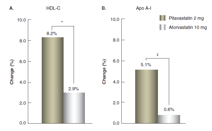 Significant increases in HDL-C and apoa1 with pitavastatin 2 mg vs. atorvastatin 10 mg at 12 months *P = 0.
