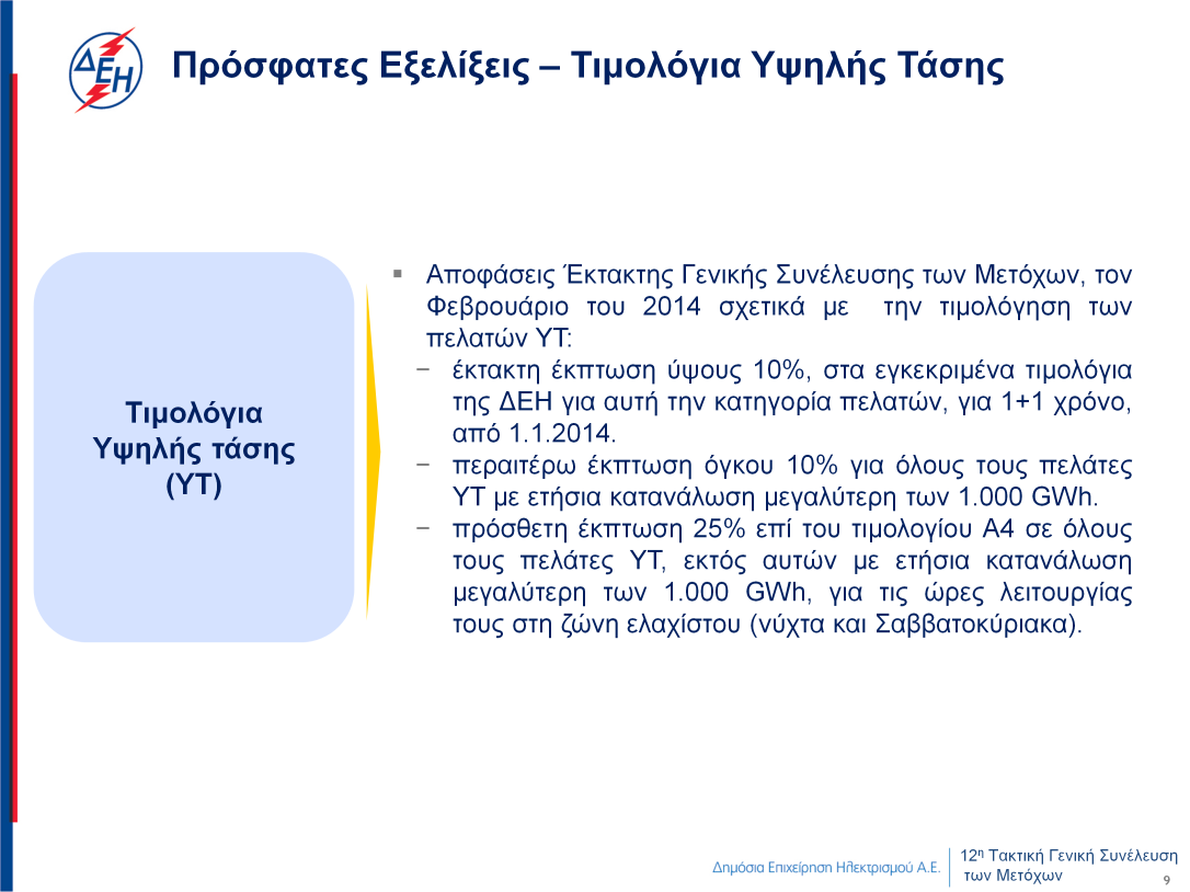 Αναφορικά με τα τιμολόγια για τους πελάτες Υψηλή Τάσης, το Φεβρουάριο του 2014, η Έκτακτη Γενική Συνέλευση των Μετόχων, αποφάσισε τα ακόλουθα σχετικά με την τιμολόγηση των πελατών Υψηλής τάσης: