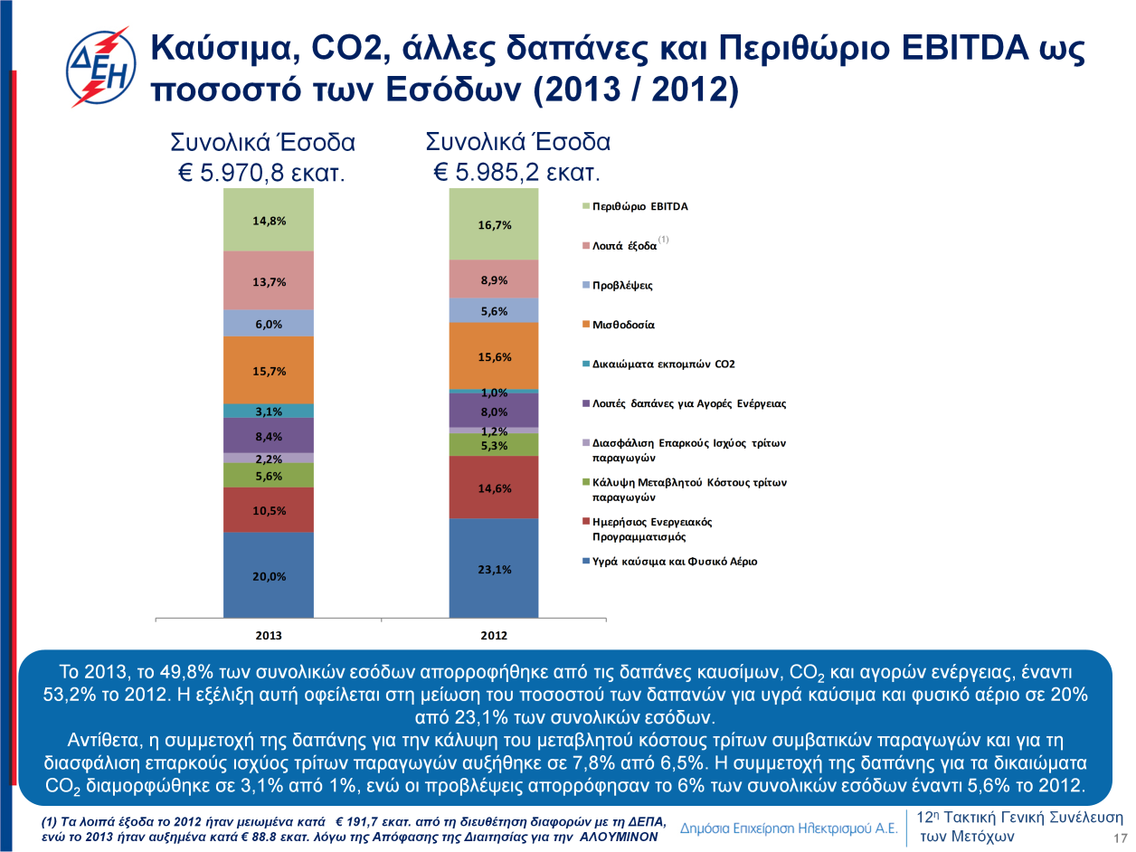 Το 2013, το 49,8% των συνολικών εσόδων απορροφήθηκε από τις δαπάνες καυσίμων, CO2 και αγορών ενέργειας, έναντι 53,2% το 2012.