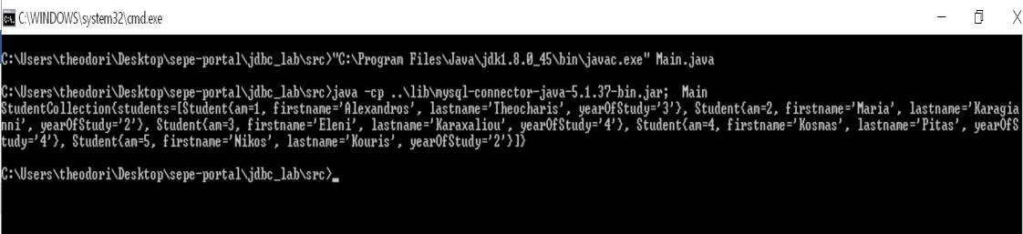 Μεταγλώττιση Main κλάσης: javac.exe Main.java Εκτέλεση: java -cp..\lib\mysql-connector-java-5.1.37-bin.