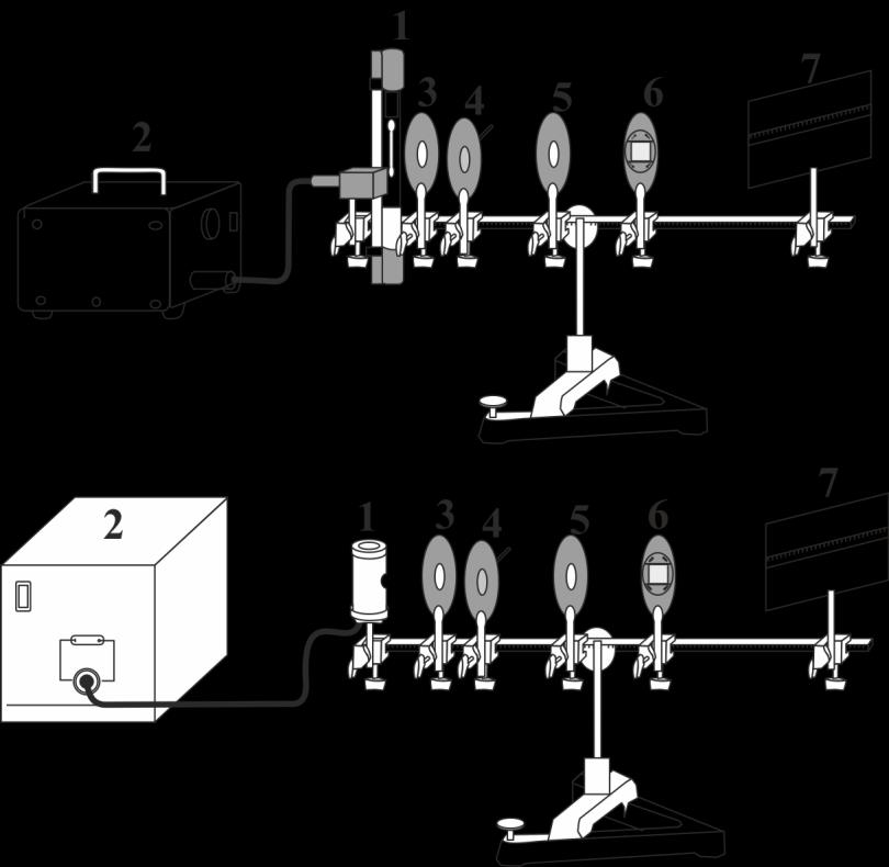Εικόνα 21.5 Πειραματικές διατάξεις. Επάνω: φάσμα υδρογόνου. Κάτω: φάσμα υδραργύρου. 1. Επάνω: φασματική λυχνία Balmer κατάλληλη για ποσοτική διερεύνηση της σειράς Balmer του φάσματος του υδρογόνου.