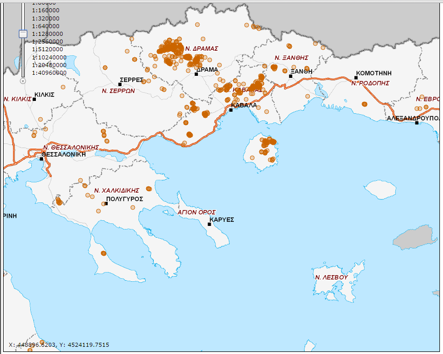 Εικόνα 3: Χάρτης Λατομείων μαρμάρου Ελληνικής Επικράτειας (Πηγή: http://www.latomet.gr/ypan/default_gis.