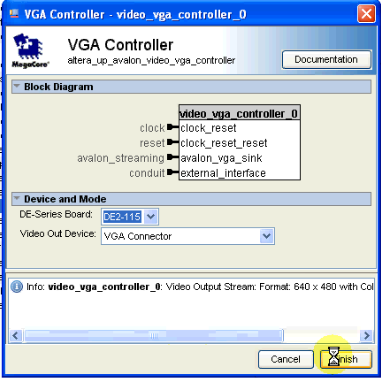 Εικόνα 13. Dual_Clock_FIFO Editor 10. Τέλος προσθέτουμε τον VGA Controller από την βιβλιοθήκη. Ο VGA Controller περιγράφει τις διαστάσεις πλάτους και ύψους μιας οθόνης, όπως μια οθόνη Η/Υ, σε pixel.