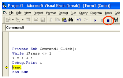 197 Private Sub Command1_Click() ipress = 0 While ipress <> 1 i = i + 1 Debug.Print i Wend Private Sub Command2_Click() ipress = 1 Εκτελέστε το πρόγραµµα και πατήστε το πρώτο κουµπί (Command1).