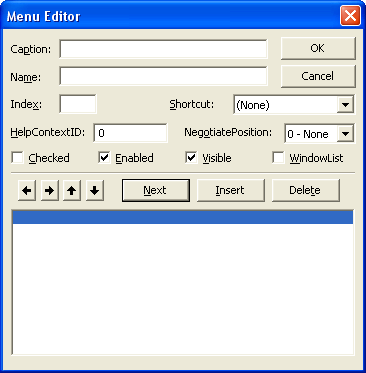 61 Menu : Μενού επιλογών Το εικονίδιό του, όπως φαίνεται στην µπάρα εργαλείων της VB, κάτω ακριβώς από το κεντρικό menu επιλογών Αριστερά βλέπουµε το παράθυρο δηµιουργίας του Menu επάνω στην τρέχουσα