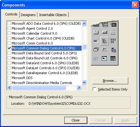 65 Microsoft Common Dialog Control : (Εργαλείο «κοινών διαλόγων») Όπως βλέπετε στην παραπάνω εικόνα «ψάξαµε» στο παράθυρο διαλόγου µε το όνοµα «Components» και τσεκάραµε την επιλογή «Microsoft Common