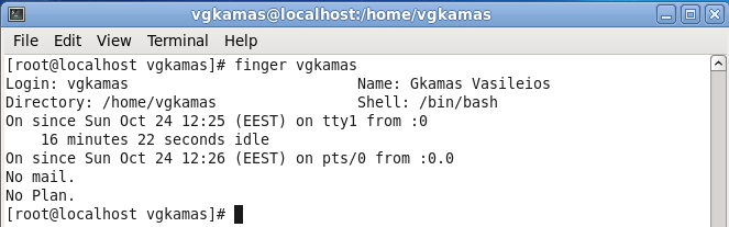 Η εντολή finger Κάνοντας χρήση της εντολής finger, μπορούμε να δούμε πληροφορίες για έναν χρήστη, όπως: το πραγματικό όνομά του, ο οικείος κατάλογός του,