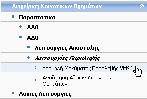 7.7 Υποβολή Μηνύματος Παραλαβής VΜ96 Δικαίωμα χρήσης έχουν Τελωνιακοί Υπάλληλοι με ρόλο που επιτρέπει την υποβολή Μηνύματος Παραλαβής VΜ96.