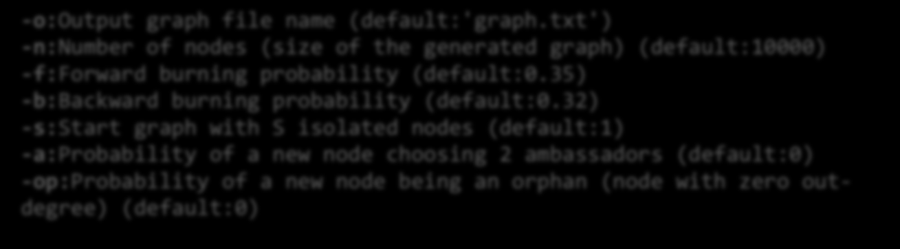 Application: forestfire Description Forest Fire graph generation model, is based on having new nodes attach to the network by ``burning'' through existing edges in epidemic fashion.