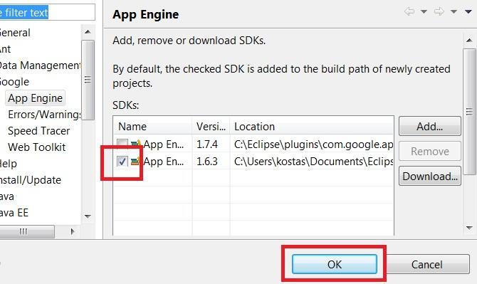 Εγκατάσταση Google AppEngine Java SDK 1.6.3 Κάντε αποσυμπίεση του αρχείου appengine-java-sdk-1.6.3.zip και ανοίξτε το Eclipse και από το μενού πατήστε Window -> Preferences -> Google -> AppEngine και πατήστε το κουμπί Add.