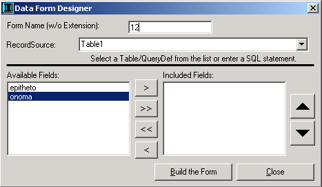 1. Επιλέγω τον πίνακα 2. Κλικ στο Utility 3. Επιλέγω Data Form Designer 4. Επιλέγω τον πίνακα 5.