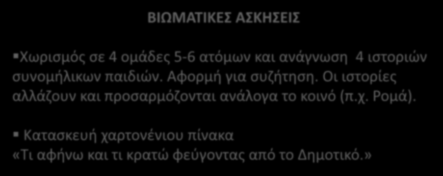 ΒΙΩΜΑΤΙΚΕΣ ΑΣΚΗΣΕΙΣ Χωρισμός σε 4 ομάδες 5-6 ατόμων και ανάγνωση 4 ιστοριών συνομήλικων παιδιών. Αφορμή για συζήτηση.