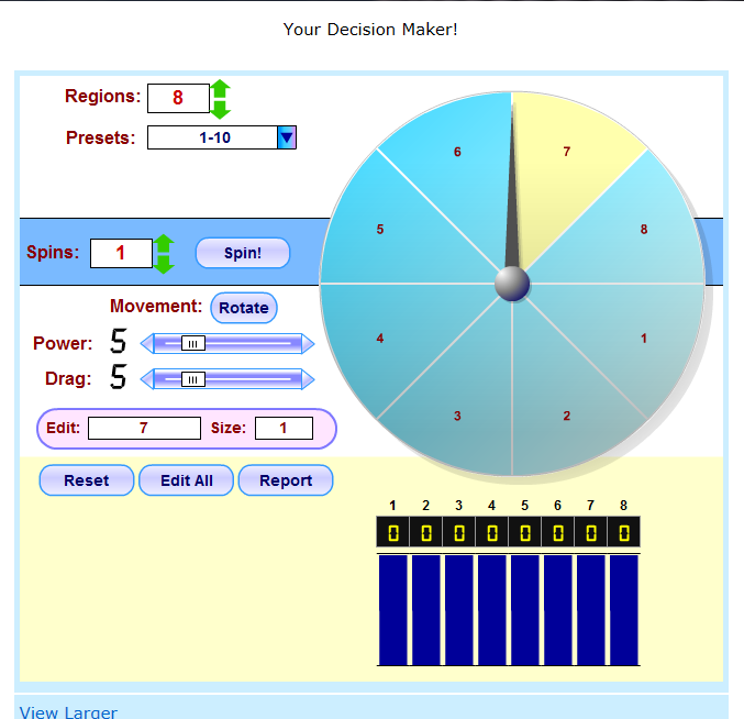 1.2. Ιστοσελίδα: http://www.mathsisfun.com/data/spinner.php Το εφαρμογίδιο αυτό μπορεί να χρησιμοποιηθεί για να κατασκευαστούν τροχοί τύχης με διαφορετικούς αριθμούς (βλ.